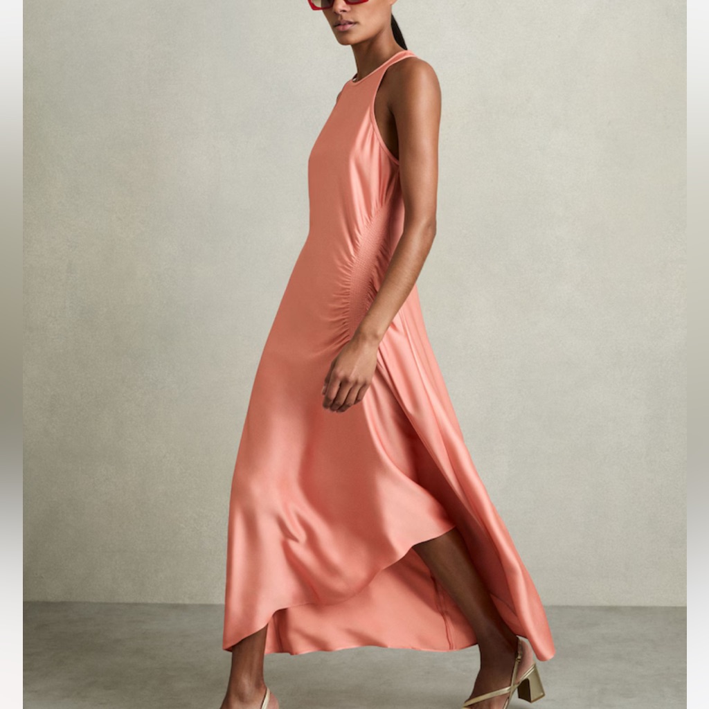 Reiss Anessa Satin Shirred Midi Dress In Coral